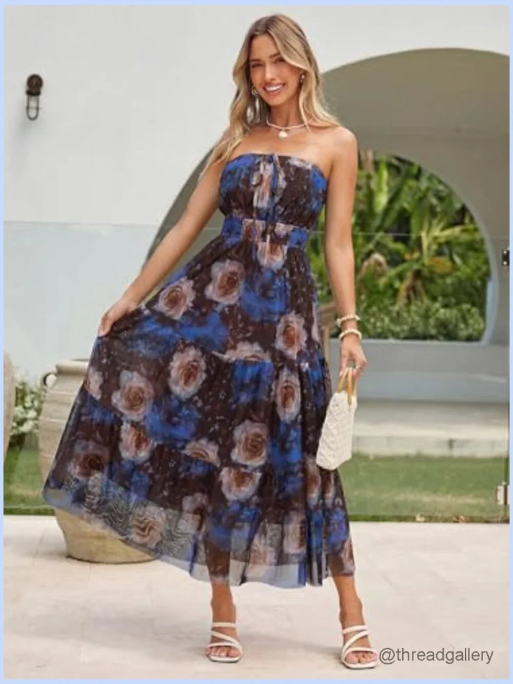 Strapless Boho Maxi Dress with Mesh Layers for Summer Beach Wedding - Picture 4 of 7